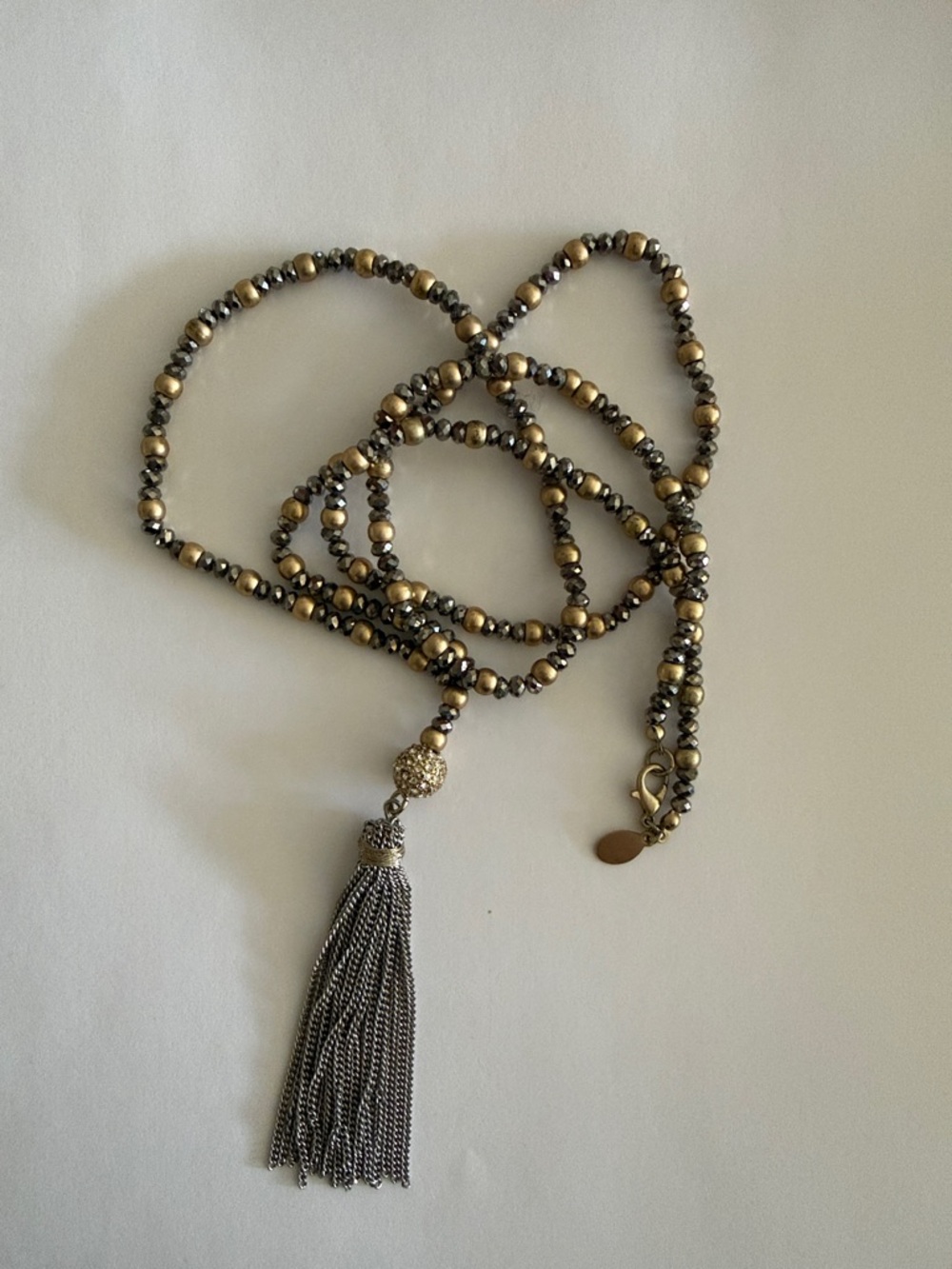 Beaded Tassel Necklace in Gold and Gunmetal